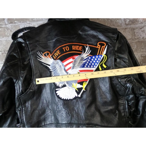 Diamond Plate Buffalo Leather Jacket Mens 2XL Black Eagle USA Patch Motorcycle - Picture 10 of 13